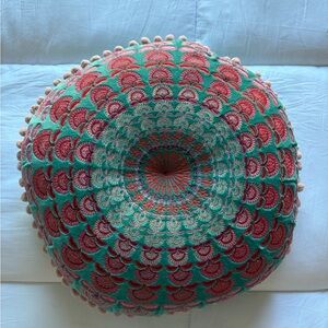 Embroidered Round Decorative Pillow - Teal & Coral